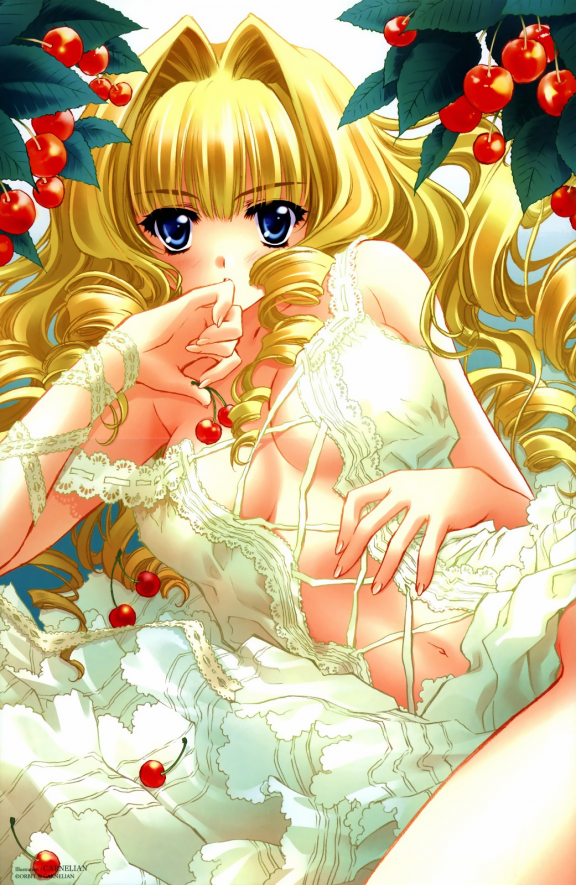 carnelian, blonde hair, blue eyes, cherry, dress, drill hair, food, fruit, ribbon, solo
