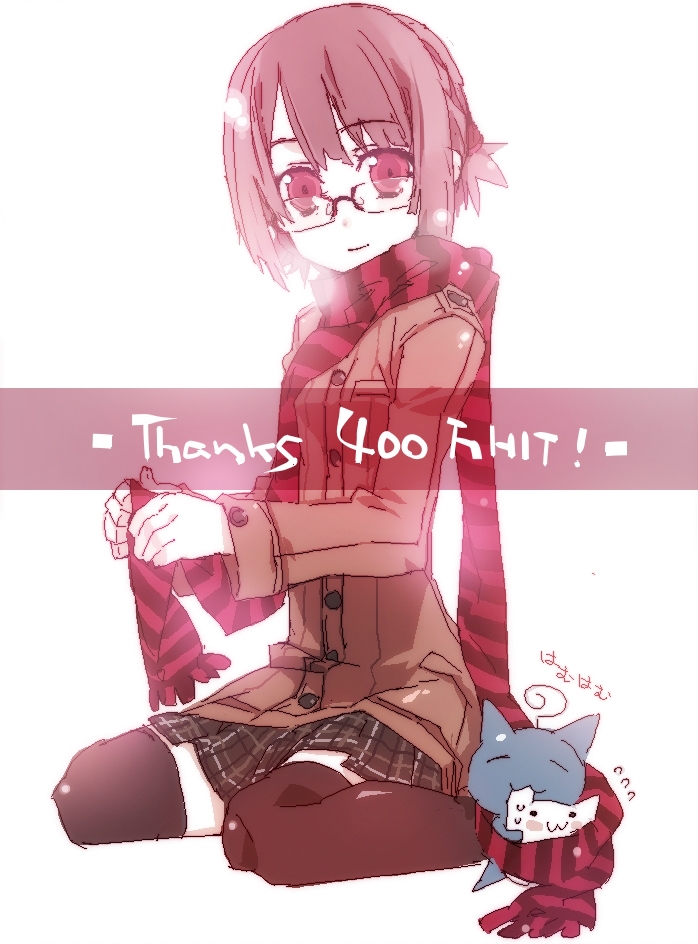 bunbun, tagme, glasses, milestone celebration, scarf, solo, striped clothes, striped scarf, thighhighs, zettai ryouiki