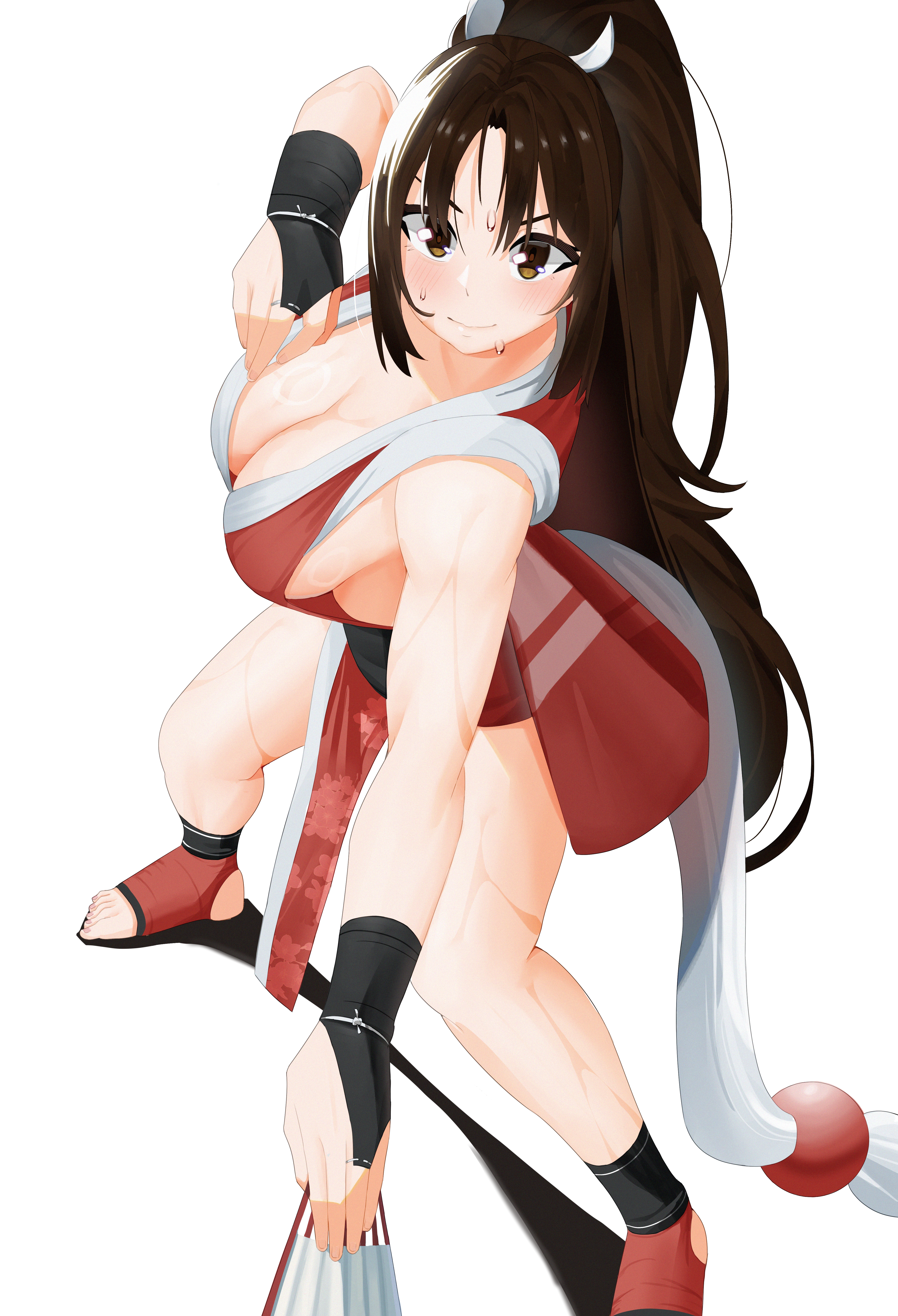 shiranui mai, fatal fury, snk, the king of fighters, 1girl, breasts, cleavage, large breasts, long hair, ponytail, sideboob, simple background, solo, sweat