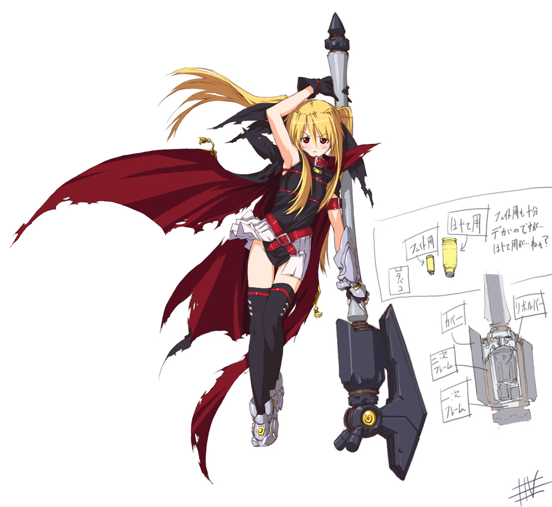 wadatsumi garland, bardiche (nanoha), fate testarossa, lyrical nanoha, mahou shoujo lyrical nanoha, 00s, 1girl, alternate weapon, armpits, blonde hair, cape, female focus, long hair, red eyes, solo, thigh gap, thighhighs, torn clothes, twintails, weapon, zettai ryouiki