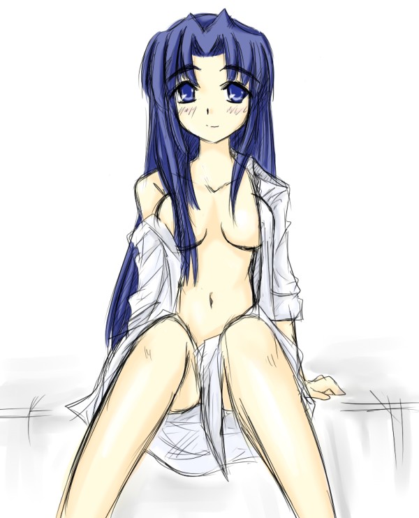 yukimura13, asakura ryoko, suzumiya haruhi no yuuutsu, 00s, 1girl, bed, blue eyes, blue hair, blush, censored, convenient censoring, dress shirt, female focus, matching hair/eyes, naked shirt, open clothes, open shirt, shirt, sleeves rolled up, smile, solo, white shirt