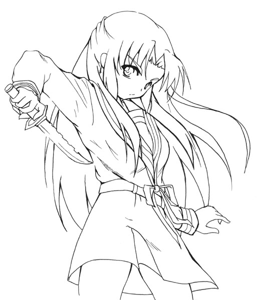 phares, asakura ryoko, suzumiya haruhi no yuuutsu, 00s, greyscale, knife, lineart, monochrome, school uniform, serafuku, solo