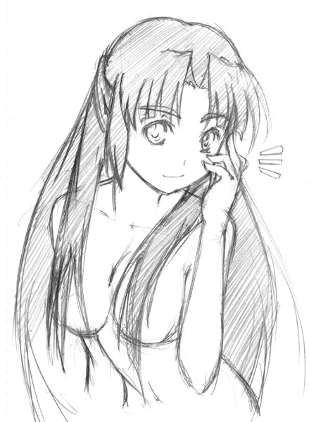 phares, asakura ryoko, suzumiya haruhi no yuuutsu, 00s, 1girl, completely nude, female focus, greyscale, half updo, monochrome, nude, sketch, solo, topless frame, upper body