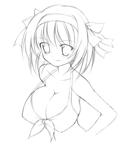 miyata gakuman, suzumiya haruhi, suzumiya haruhi no yuuutsu, 00s, 1girl, bikini, breasts, cleavage, female focus, greyscale, huge breasts, looking at viewer, monochrome, simple background, sketch, solo, swimsuit, upper body, white background