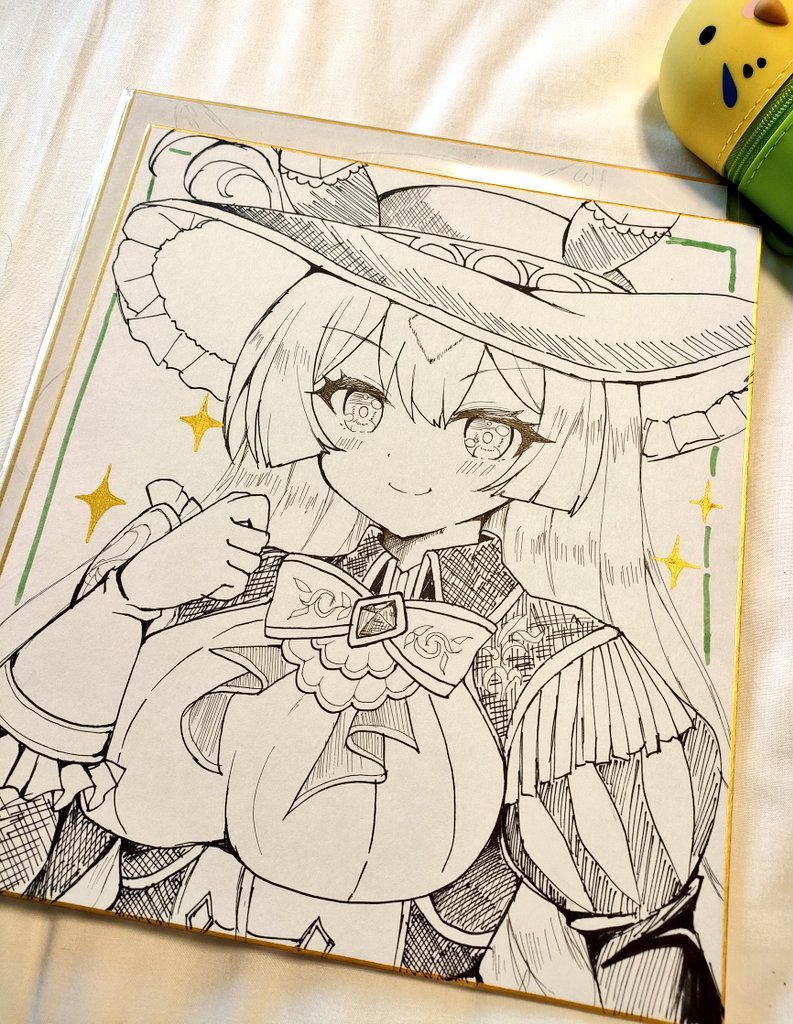 terimuku, satono diamond (umamusume), umamusume, commentary request, photo (medium), traditional media, 1girl, animal ears, blush, breasts, closed mouth, ears through headwear, frilled gloves, frills, gloves, hair between eyes, hand up, hat, horse ears, jacket, juliet sleeves, large breasts, long hair, long sleeves, puffy sleeves, shikishi, smile, solo, sparkle, upper body