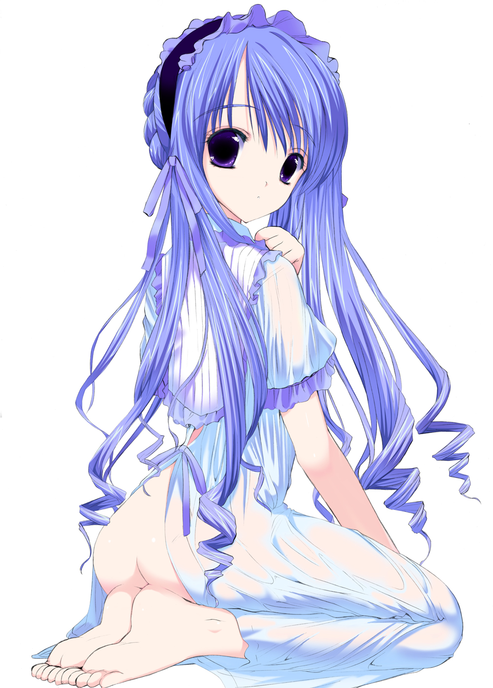 kusaka souji, aria (sister princess), sister princess, highres, 00s, 1girl, ass, barefoot, blue eyes, blue hair, feet, female focus, kneeling, long hair, matching hair/eyes, no panties, seiza, sitting, solo