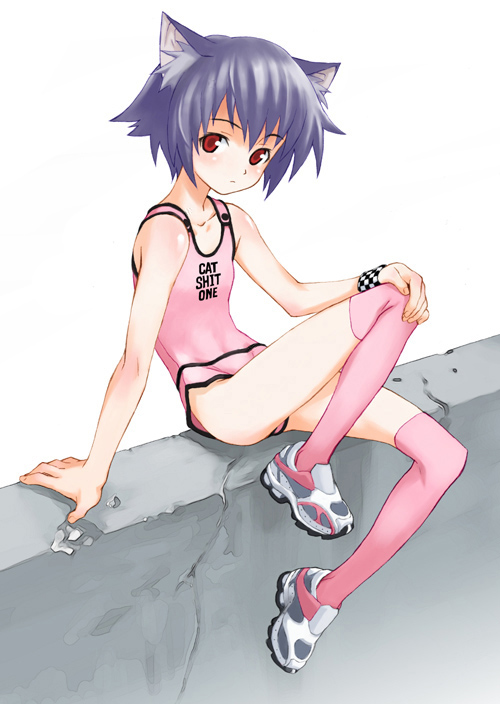 matsuryuu, cat shit one, 1girl, animal ears, cat ears, female focus, over-kneehighs, petite, ranguage, red eyes, shoes, short hair, sneakers, solo, swimsuit, thighhighs