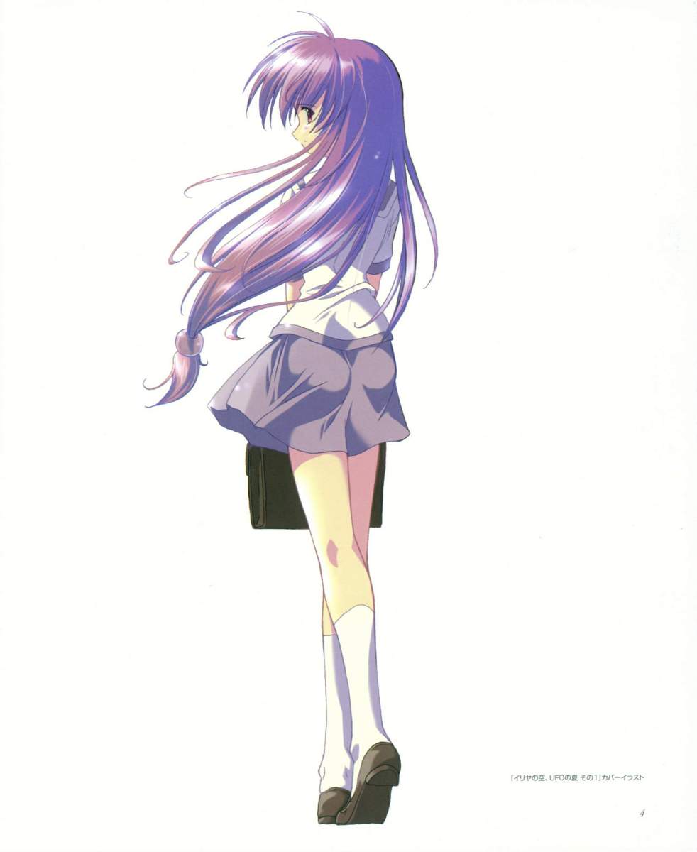 komatsu eiji, iriya kana, iriya no sora ufo no natsu, bookbag, highres, 00s, 1girl, back, bag, long hair, looking back, low-tied long hair, school uniform, serafuku, socks