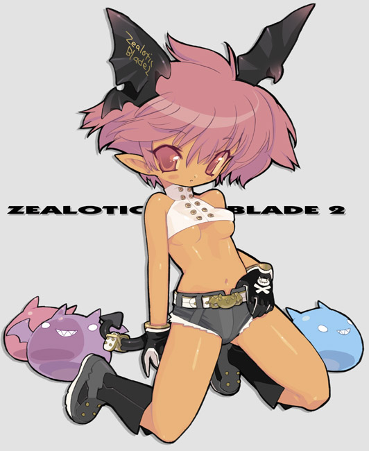 blade (galaxist), 1girl, bare shoulders, bat (animal), belt, belt buckle, black gloves, blush stickers, body writing, boots, breasts, buckle, buttons, crop top, cutoffs, dark-skinned female, dark skin, demon girl, demon tail, demon wings, denim, denim shorts, female focus, gloves, grey background, halterneck, hand on own hip, head wings, knee boots, kneeling, navel, no bra, pink eyes, pink hair, pointy ears, short hair, short shorts, shorts, simple background, skull and crossbones, small breasts, solo, spread legs, tail, turtleneck, underboob, wings