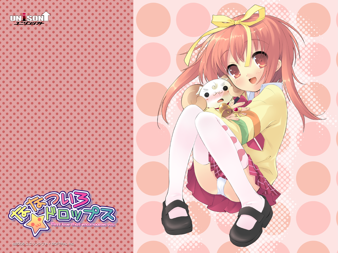 ito noizi, akihime sumomo, yuki-chan, nanatsuiro drops, striped, official art, official wallpaper, 00s, 1girl, :d, baby animal, bell, blush, bow, bowtie, collar, embarrassed, female focus, glasses, hair bow, heart, horns, hug, lamb, mary janes, neck bell, open mouth, panties, pantyshot, pince-nez, pink eyes, pink hair, plaid clothes, plaid skirt, polka dot, polka dot background, school uniform, sheep, shoes, sitting, skirt, smile, solo, sweater, thighhighs, twintails, underwear, upskirt, white panties