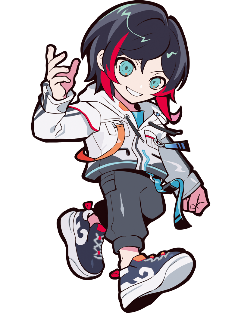 puppeteer7777, uruca (vtuber), crazy raccoon, indie virtual youtuber, official art, second-party source, 1boy, anime coloring, aqua belt, aqua eyes, aqua shirt, aqua undershirt, belt, bikini, black hair, black shoes, cargo pants, double vertical stripe, drawstring, facing viewer, fingernails, full body, grey pants, hood, hood down, hooded jacket, jacket, looking at viewer, male focus, multicolored hair, o-ring, o-ring bikini, pants, parted bangs, red hair, shirt, shoe soles, shoes, sleeve cuffs, smile, sneakers, solo, striped clothes, striped sleeve cuffs, striped sleeves, sweatpants, swimsuit, tachi-e, teeth, thick lineart, transparent background, two-tone hair, undershirt, vertical-striped clothes, vertical-striped sleeve cuffs, vertical-striped sleeves, virtual youtuber, walking, wave print, white hood, white jacket, white sleeve cuffs, white sleeves, zipper, zipper pull tab