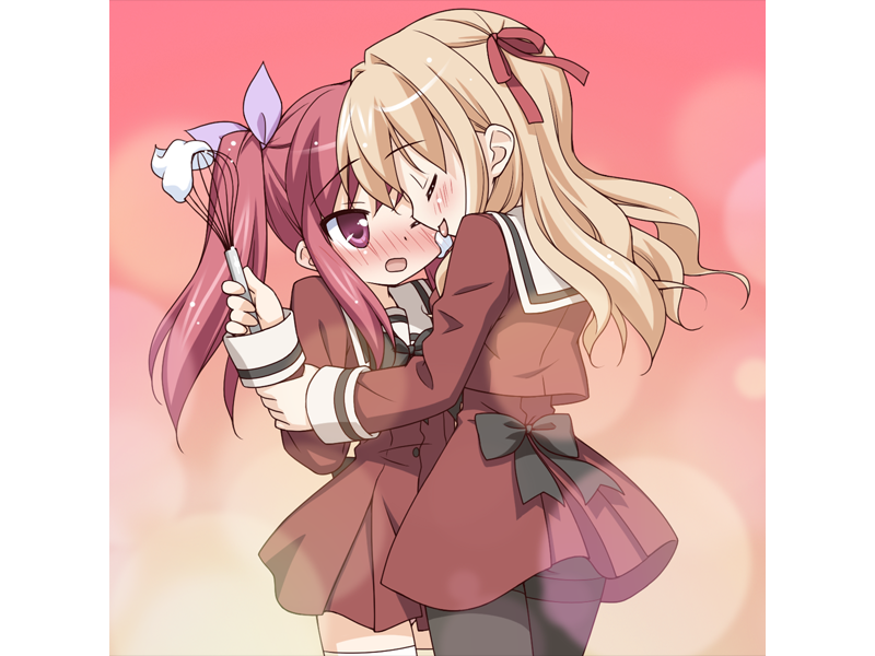 kani biimu, matsubara yuna, matsubara yuuna, oda nanami, fuguriya, sono hanabira ni kuchizuke wo, white legwear, game cg, 2girls, blonde hair, blush, bow, chibi, multiple girls, pantyhose, red eyes, red hair, thighhighs, twintails, whisk, yuri