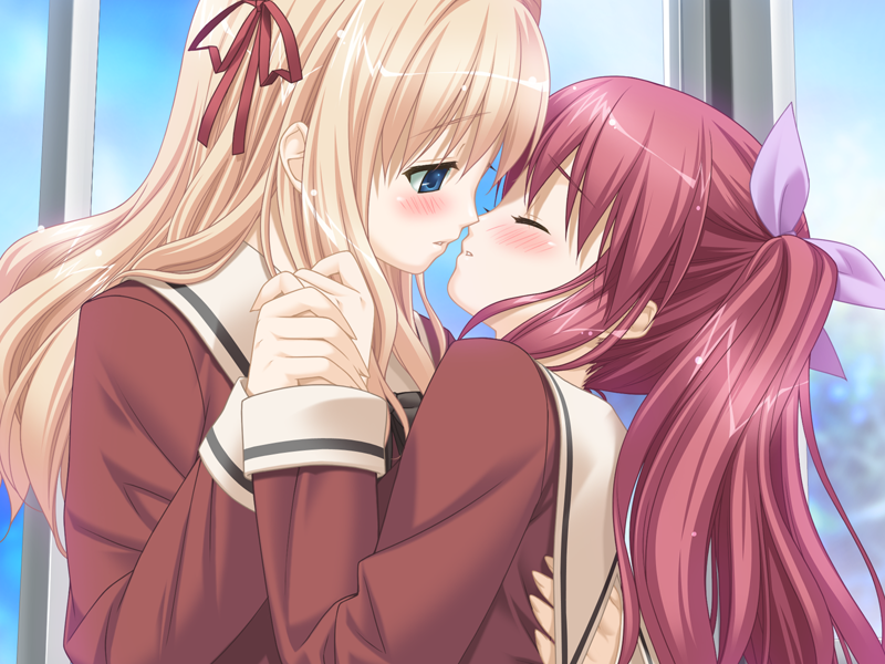 kani biimu, matsubara yuna, matsubara yuuna, oda nanami, fuguriya, sono hanabira ni kuchizuke wo, game cg, 2girls, blonde hair, blue eyes, blush, closed eyes, couple, holding hands, hug, kiss, long hair, multiple girls, red hair, ribbon, sample watermark, school uniform, serafuku, twintails, watermark, yuri