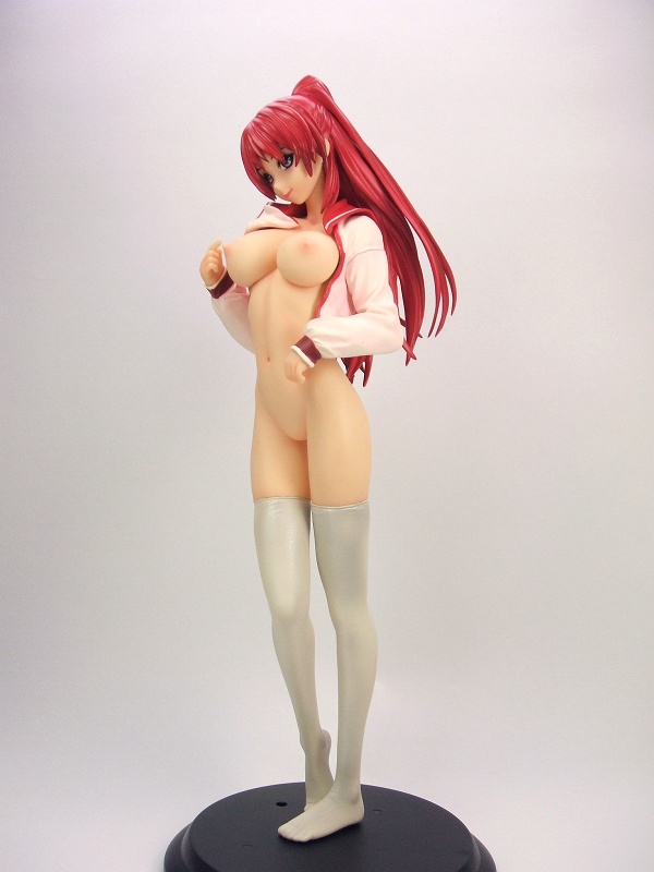 kousaka tamaki, to heart (series), to heart 2, photo (medium), 00s, 1girl, breasts, cleavage, female focus, figure, full body, grey eyes, large breasts, long hair, navel, nipples, open clothes, open shirt, red hair, shirt, smile, solo, thighhighs, twintails, undressing
