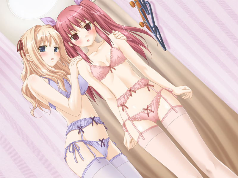 kani biimu, matsubara yuna, matsubara yuuna, oda nanami, sono hanabira ni kuchizuke wo, hand on shoulder, game cg, 2girls, bare shoulders, blonde hair, blue eyes, blue panties, blue thighhighs, blush, bow, bow panties, bra, breasts, cameltoe, cartains, cleavage, clothes hanger, dressing room, dutch angle, female focus, flat chest, forced dressing, garter belt, hair ribbon, hug, large breasts, lingerie, long hair, looking at viewer, lowleg, lowleg panties, multiple girls, panties, pink eyes, pink hair, pink panties, pink thighhighs, red eyes, red hair, ribbon, school uniform, serafuku, shop, shopping, side-tie panties, smile, standing, thighhighs, twintails, underwear, underwear only, yuri