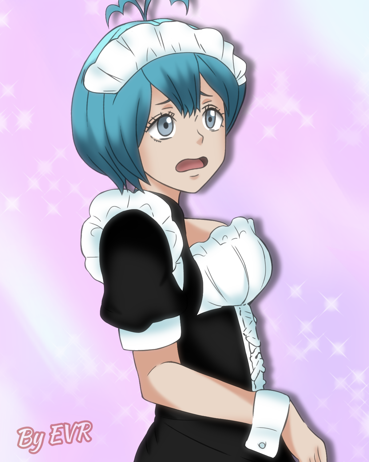 excalibur overdrive, grey (black clover), black clover, 1girl, blue hair, breasts, embarrassed, large breasts, maid, maid headdress, short hair