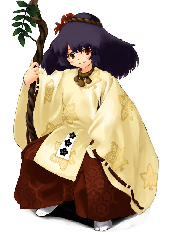 inuinu (project october), ken makiba, yasaka kanako, touhou, 1girl, branch, female focus, full body, hakama, hakama skirt, holding, japanese clothes, long sleeves, looking at viewer, purple hair, red eyes, rope, shimenawa, short hair, simple background, sitting, skirt, socks, solo, tabi, tunic, white background, white socks, wide sleeves