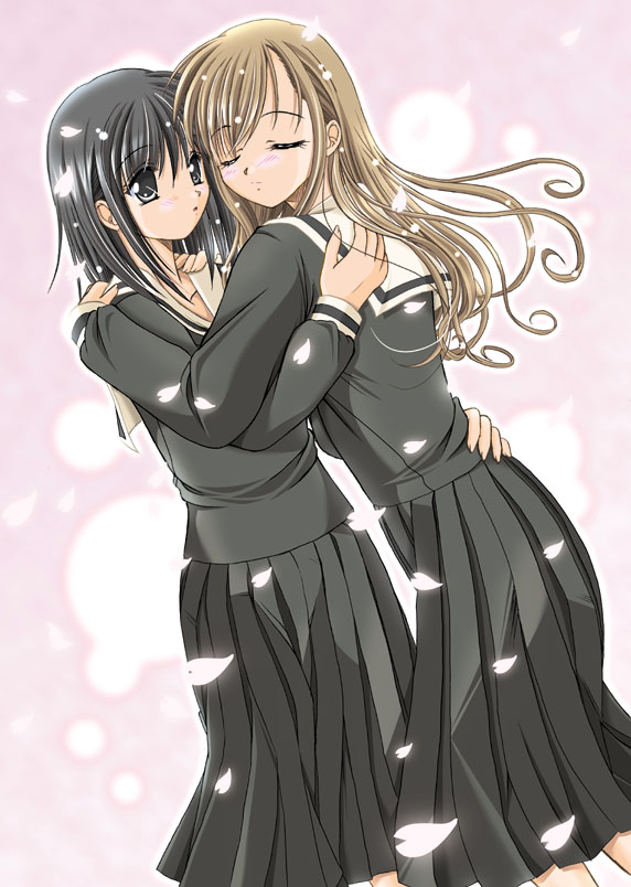 nijou noriko, toudou shimako, maria-sama ga miteru, 00s, 2girls, black eyes, black hair, black serafuku, black skirt, blush, brown hair, cherry blossoms, closed eyes, hug, long hair, long skirt, multiple girls, pleated skirt, school uniform, serafuku, skirt, yuri