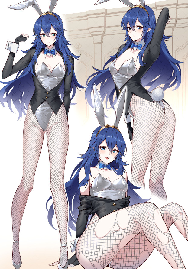 ameno (a meno0), lucina (fire emblem), fire emblem, fire emblem awakening, nintendo, commentary request, 1girl, alternate costume, animal ears, black gloves, blue bow, blue bowtie, blue eyes, blue hair, bow, bowtie, breasts, bunny day, detached collar, fake animal ears, fingerless gloves, fishnet pantyhose, fishnets, gloves, hair between eyes, leotard, long hair, looking at viewer, pantyhose, rabbit ears, rabbit tail, small breasts, smile, tail, tiara, torn clothes, torn pantyhose
