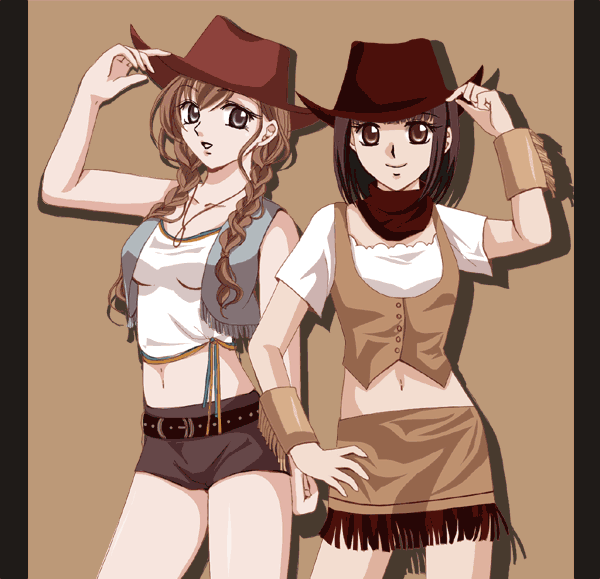 nijou noriko, toudou shimako, maria-sama ga miteru, 00s, 2girls, cowboy hat, cowboy shot, cowboy western, fringe trim, hat, multiple girls