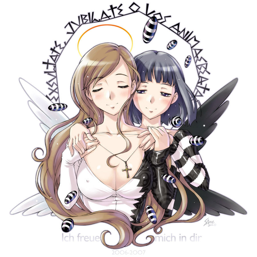 sameha ikuya, nijou noriko, toudou shimako, maria-sama ga miteru, 00s, 2girls, angel, angel wings, black wings, breasts, cleavage, hug, hug from behind, large breasts, multiple girls, wings, yuri
