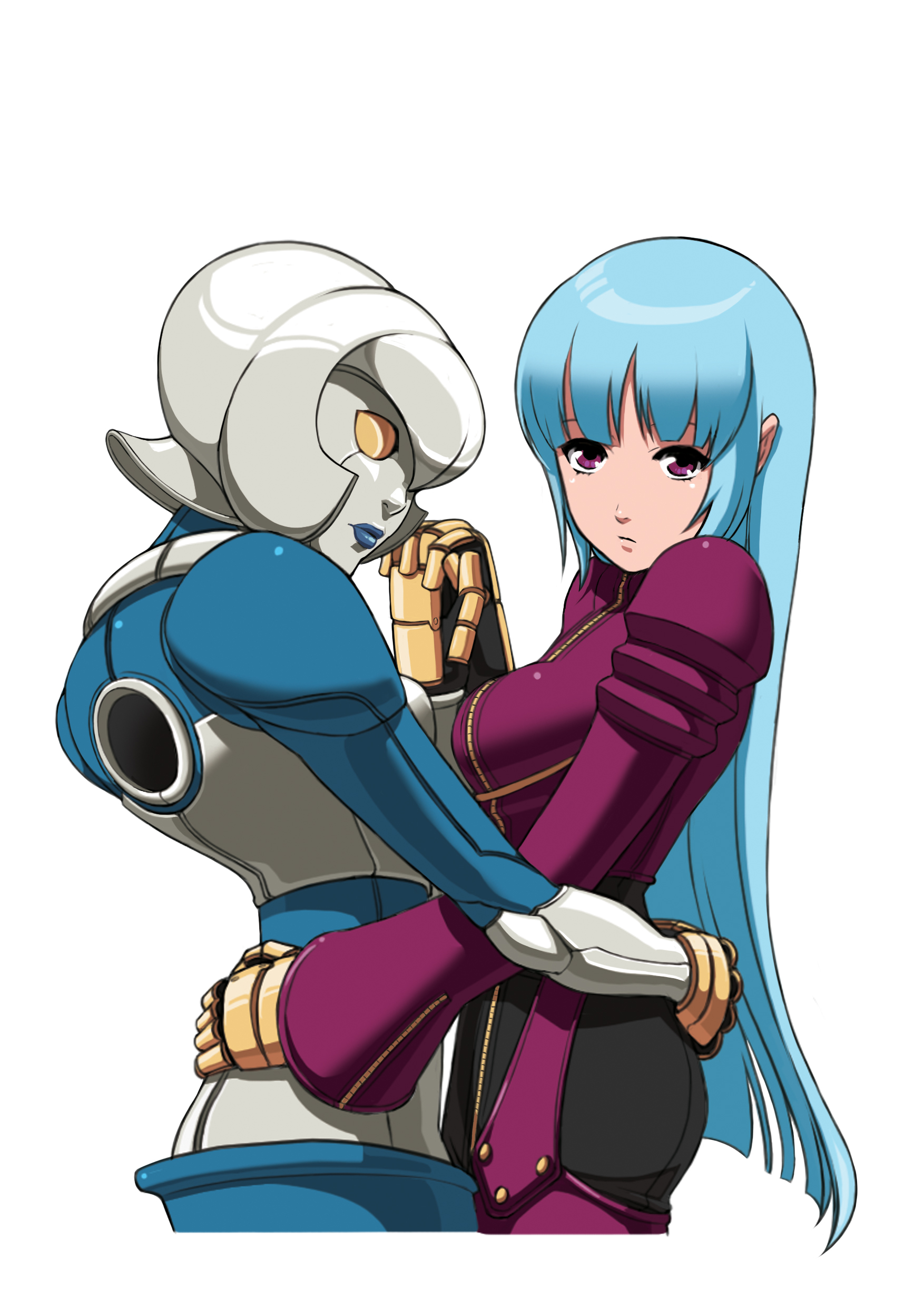 falcoon, candy (kof), candy diamond, kula diamond, snk, the king of fighters, absurdres, highres, official art, 2girls, blue hair, candy, food, holding hands, hug, long hair, mecha, multiple girls, purple eyes, robot
