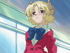 mihashigo sabato, bokusatsu tenshi dokuro-chan, animated, animated gif, anime screenshot, lowres, non-web source, thumbnail surprise, 00s, 1girl, blazer, blonde hair, blush, bow, colored skin, demon girl, fainting, female focus, grey skin, horns, jacket, open mouth, purple eyes, saliva, school uniform, shoes, short hair, skirt, snot, socks, solo, stomach bulge, sweat, tears, teeth, tongue, what