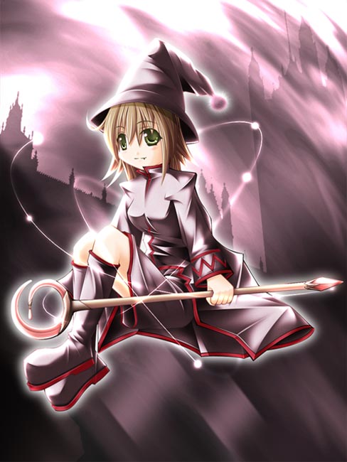 tagme, blonde hair, hat, smile, solo, staff, witch