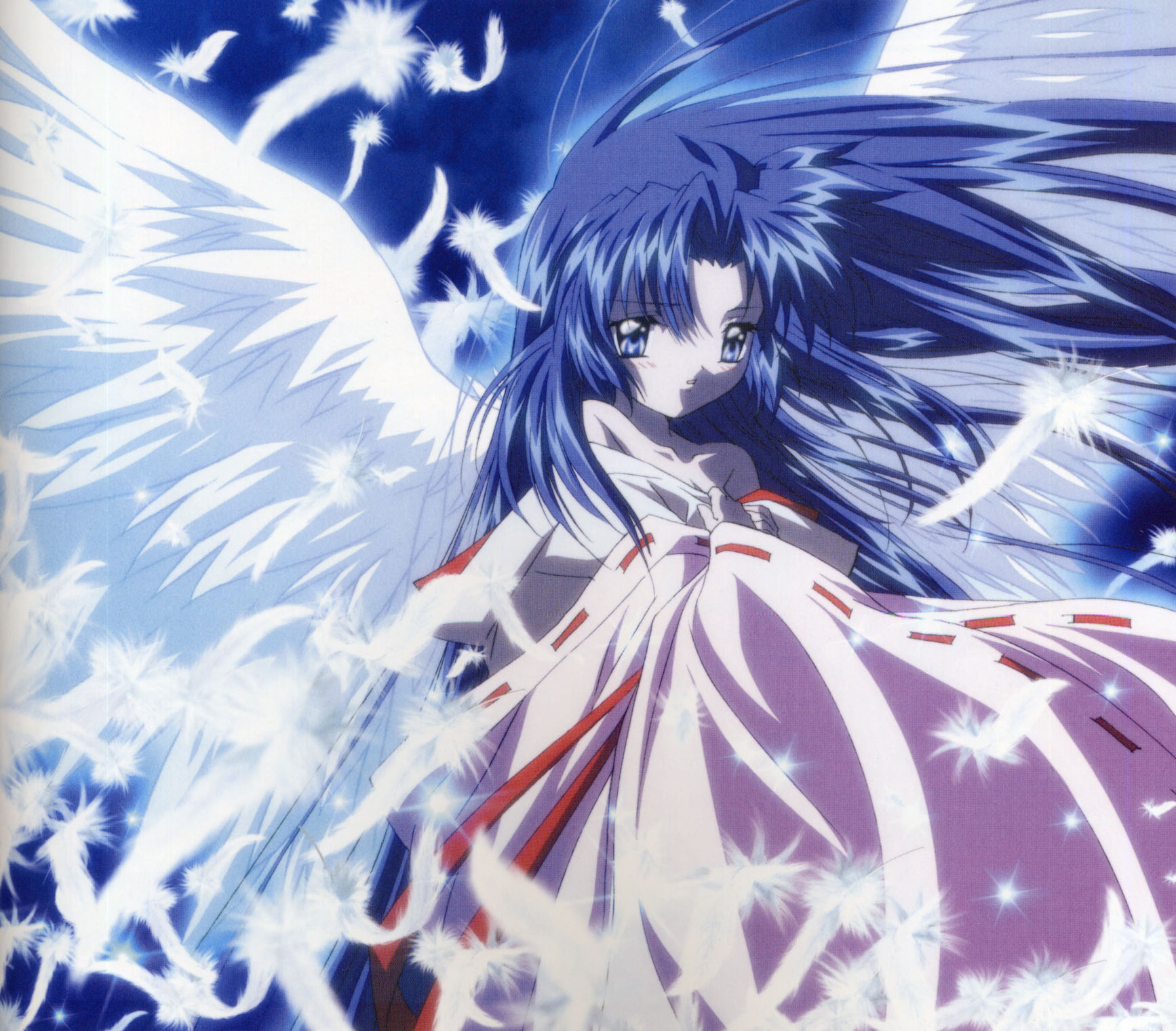 kannabi no mikoto, air (visual novel), highres, 00s, blue eyes, blue hair, feathers, japanese clothes, kimono, long hair, solo, wings