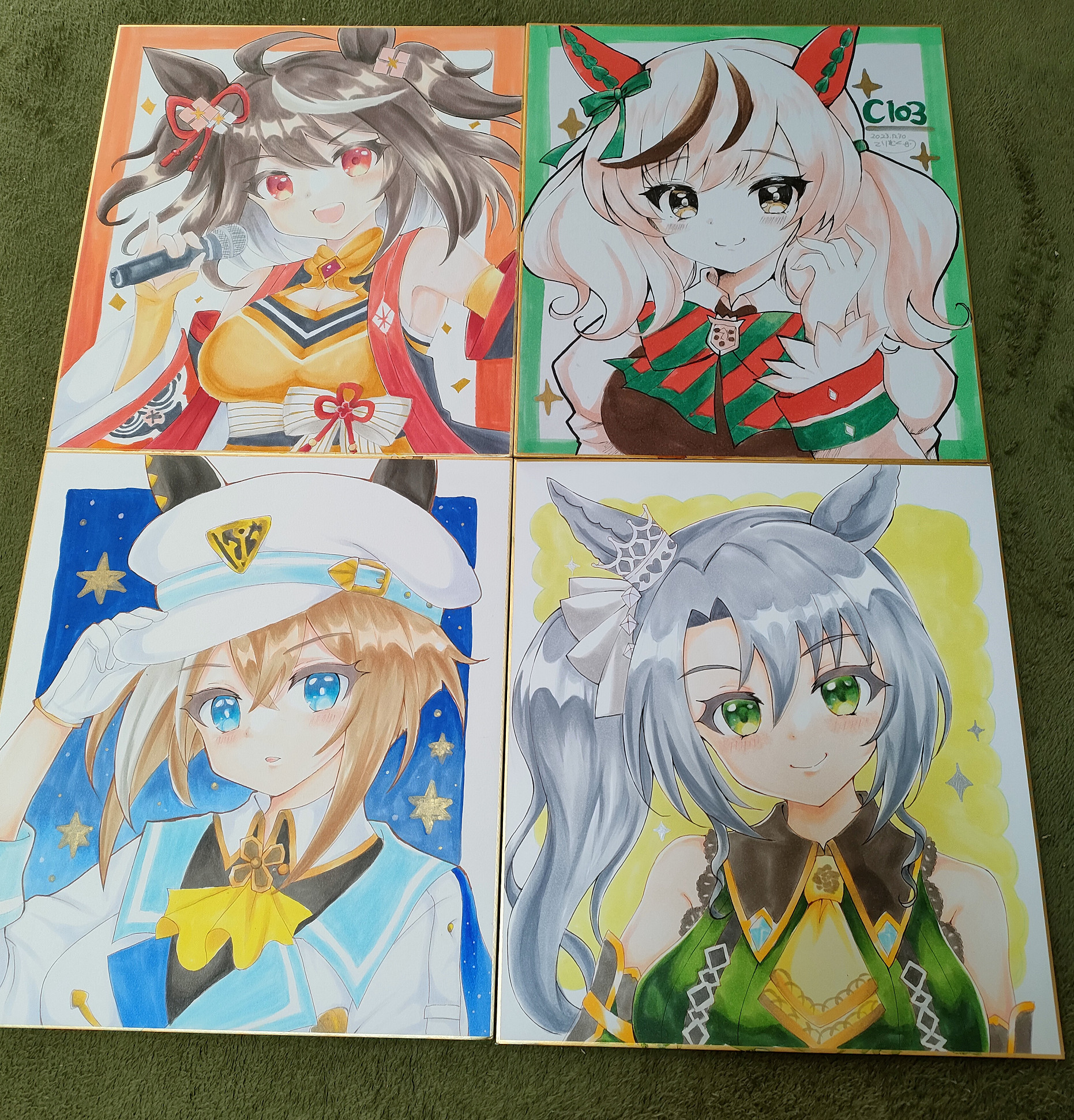 terimuku, cheval grand (umamusume), kitasan black (umamusume), nice nature (umamusume), satono crown (umamusume), umamusume, commentary request, highres, photo (medium), traditional media, 4girls, ahoge, animal ears, arm up, bare shoulders, black dress, black hair, black shirt, black sleeves, blue eyes, blush, breasts, brown hair, cleavage, cleavage cutout, closed mouth, clothing cutout, detached sleeves, dress, ears through headwear, gloves, green eyes, green shirt, grey hair, hair between eyes, hair ribbon, hand on headwear, hat, head tilt, horse ears, jacket, juliet sleeves, long sleeves, medium breasts, multicolored hair, multiple girls, parted bangs, parted lips, peaked cap, puffy sleeves, ribbon, shikishi, shirt, side ponytail, sleeveless, sleeveless dress, sleeveless shirt, smile, sparkle, streaked hair, twintails, two side up, upper body, white gloves, white hair, white hat, white jacket, white ribbon, white shirt, wide sleeves