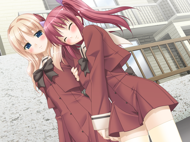 kani biimu, matsubara yuna, matsubara yuuna, oda nanami, sono hanabira ni kuchizuke wo, game cg, 2girls, arm hug, blonde hair, blue eyes, blush, bow, closed eyes, day, dress, dutch angle, hair ribbon, happy, long hair, multiple girls, outdoors, pink hair, red eyes, red hair, ribbon, school uniform, serafuku, smile, thighhighs, twintails, white thighhighs, yuri, zettai ryouiki