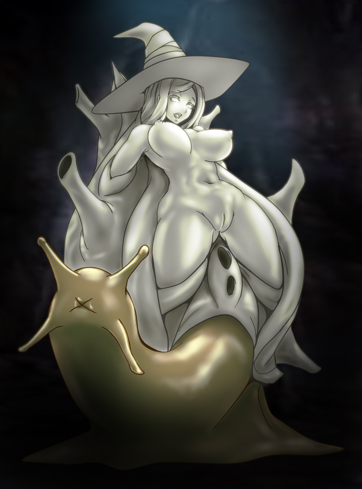 ningyoushi, sorceress (dragon's crown), dragon's crown, variant set, 1girl, ahegao, bouncing breasts, bound, bound arms, bound legs, breasts, breasts apart, cleft of venus, colored eyelashes, colored nipples, colored sclera, colored skin, dark background, gluteal fold, grey hair, grey nipples, grey sclera, grey skin, grey tongue, groin, hat, immobilization, long hair, monster, navel, nipples, no irises, no pupils, nude, open mouth, petrification, pupiless eyes, pussy, restrained, sidelocks, snail, snail shell, solid eyes, solo, spread legs, stationary restraints, statue, stone skin, stuck, swept bangs, teeth, thighs, tongue, transformation, witch hat