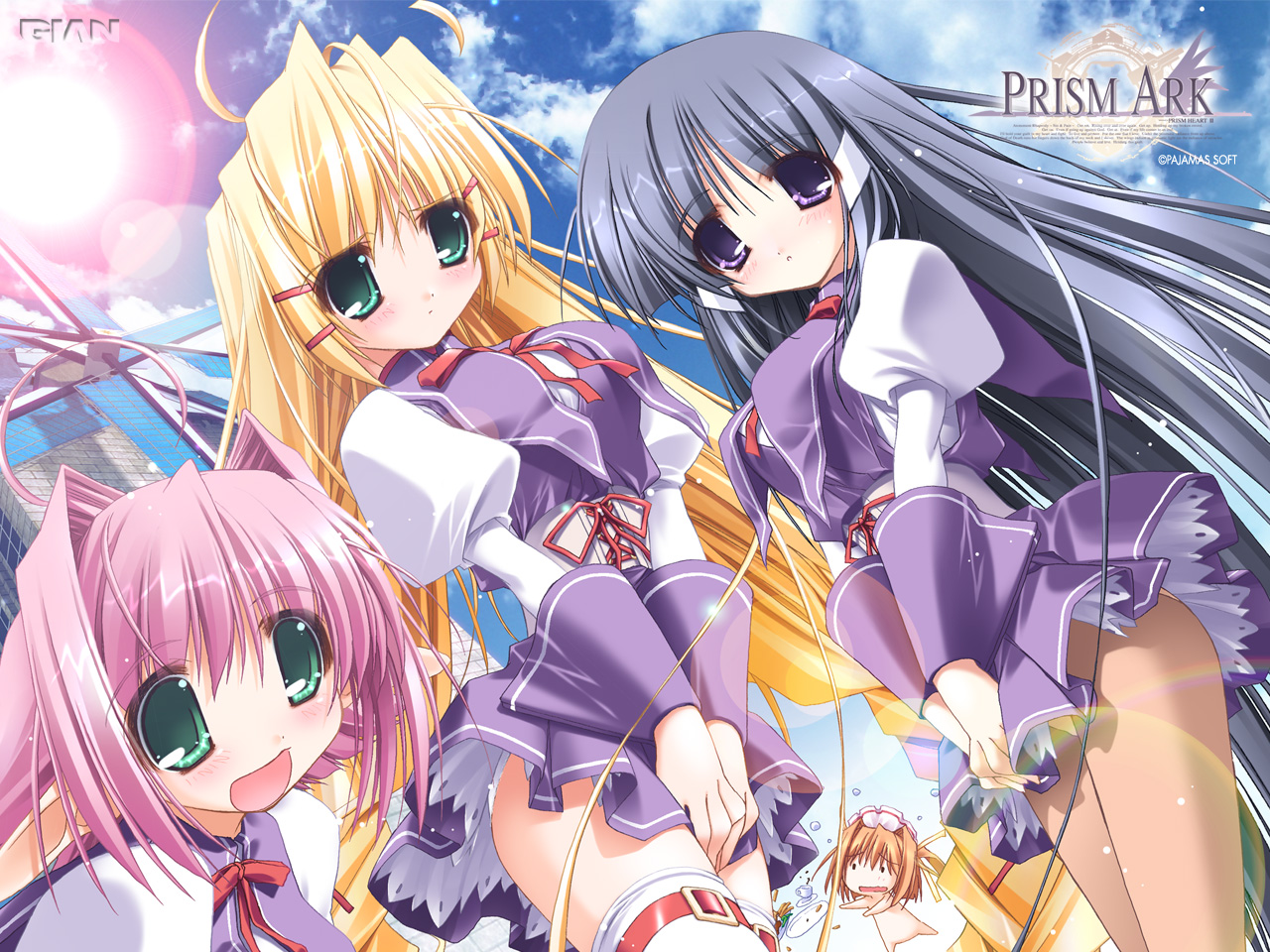 fel, filia, hyaweh, kagura (prism ark), priecia, prism ark, white legwear, official art, official wallpaper, 00s, 4girls, ahoge, blouse, blush, bow, bowtie, braid, copyright name, corset, covering crotch, covering privates, cowboy shot, cup, day, embarrassed, from below, from side, hair intakes, legs together, long hair, miniskirt, multiple girls, outdoors, panties, panties under pantyhose, pantyhose, pantyshot, pointy ears, raised eyebrows, red bow, red bowtie, saucer, school uniform, serafuku, shirt, skirt, smile, standing, teacup, thigh strap, thighhighs, twin braids, two side up, underwear, upskirt, very long hair, white shirt, wind, wind lift, yellow panties