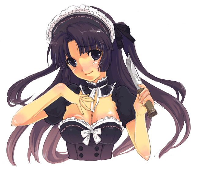 tomako, asakura ryoko, suzumiya haruhi no yuuutsu, 00s, 1girl, blue eyes, blush, breasts, cleavage, female focus, knife, large breasts, long hair, maid, solo