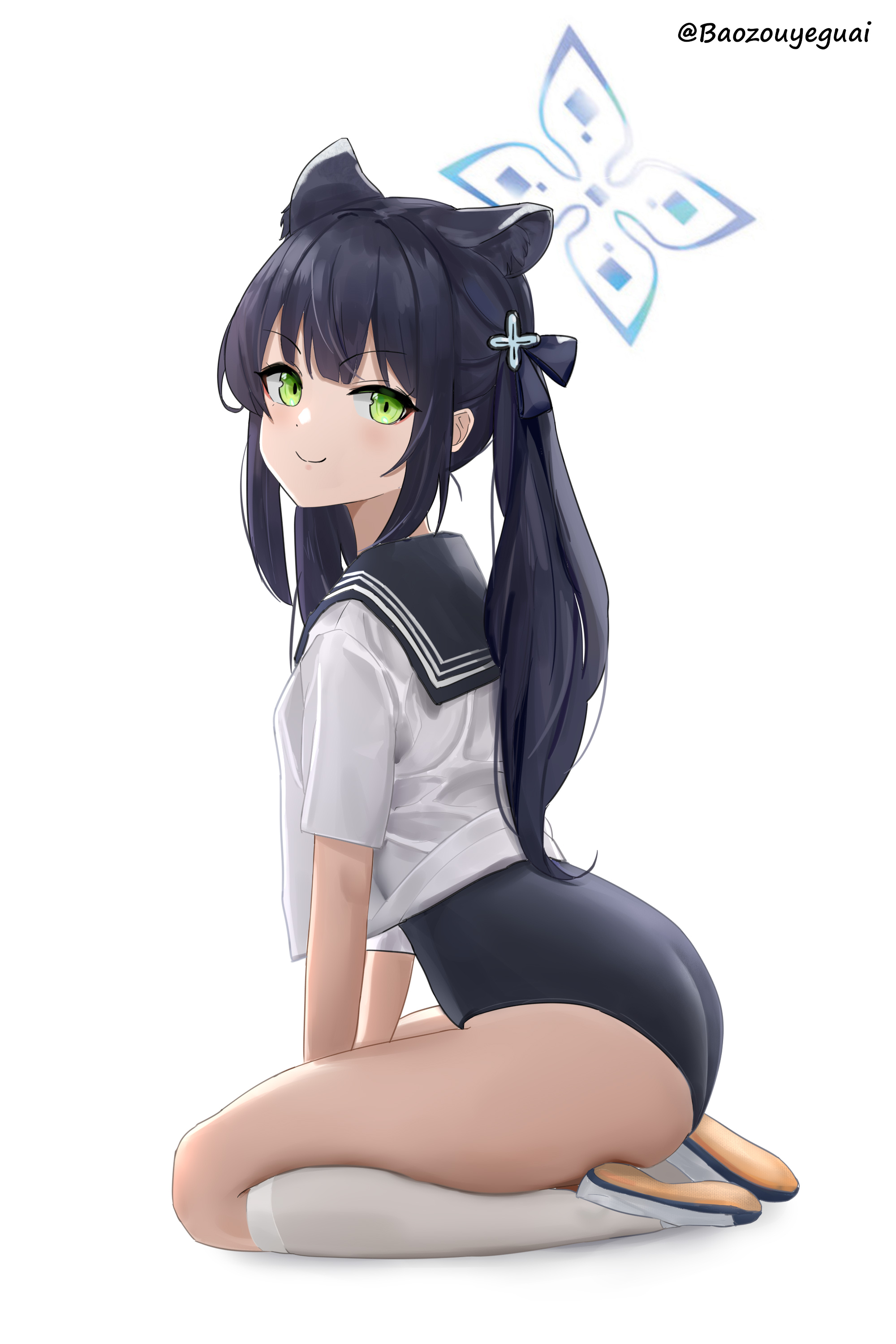 baozouyeguai, shun (blue archive), shun (small) (blue archive), blue archive, 1girl, animal ears, artist name, hair ornament, halo, hands between legs, long hair, looking at viewer, one-piece swimsuit, sailor collar, sailor shirt, seiza, shirt, sitting, smile, solo, swimsuit, swimsuit under clothes, thighhighs, thighs, twintails, white background, white thighhighs, yellow eyes