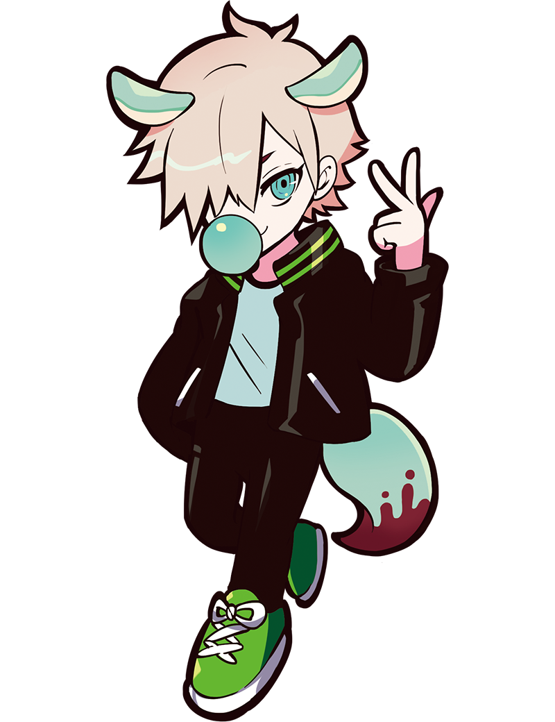 puppeteer7777, crazy raccoon, official art, second-party source, 1boy, anime coloring, black jacket, black leggings, black sleeve cuffs, black sleeves, blonde hair, blowing bubble gum, brown tail, chewing gum, closed mouth, colored inner hair, crew neck, eyelashes, facing viewer, full body, green eyes, green shirt, green shoes, hair over one eye, jacket, leggings, looking at viewer, male focus, multicolored hair, no nose, one eye covered, open clothes, open jacket, parted bangs, pocket, shirt, shoes, short eyebrows, short hair, sleeve cuffs, smile, solo, swept bangs, tachi-e, thick lineart, transparent background, two-tone tail, uyuriru, w