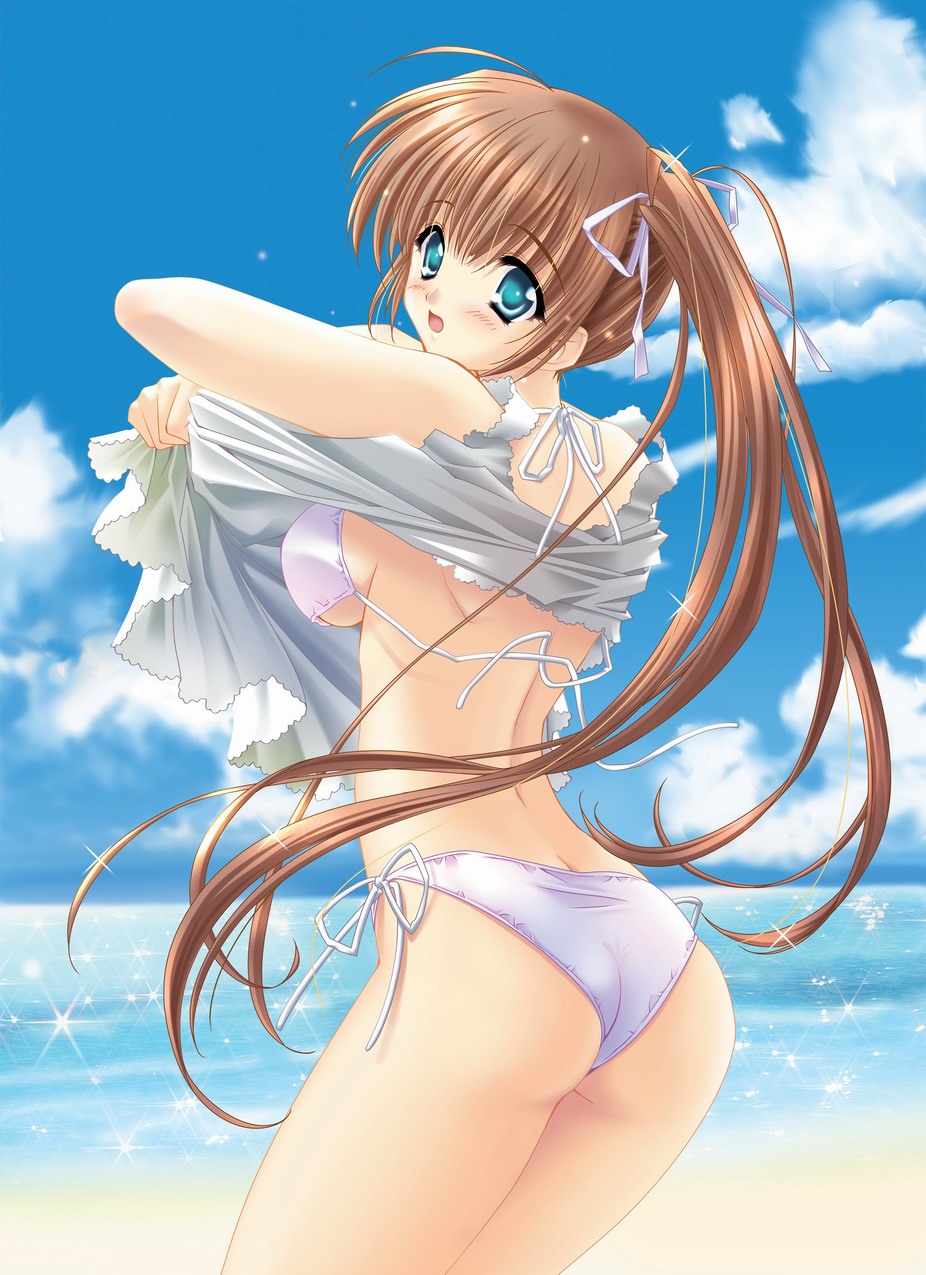 carnelian, duplicate, highres, 1girl, aqua eyes, ass, beach, bikini, blush, breasts, brown hair, day, female focus, long hair, medium breasts, outdoors, side-tie bikini bottom, side ponytail, solo, swimsuit, underboob, undressing, white bikini