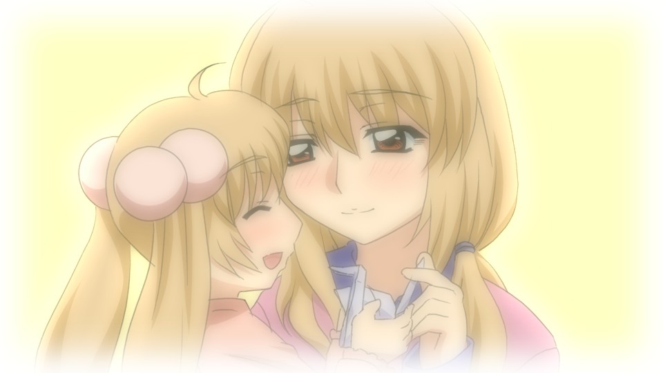 sanshita, kokonoe aki, kokonoe rin, kodomo no jikan, 00s, 2girls, age difference, blush, brown eyes, brown hair, child, closed eyes, hair bobbles, hair ornament, long hair, mother and daughter, multiple girls, smile