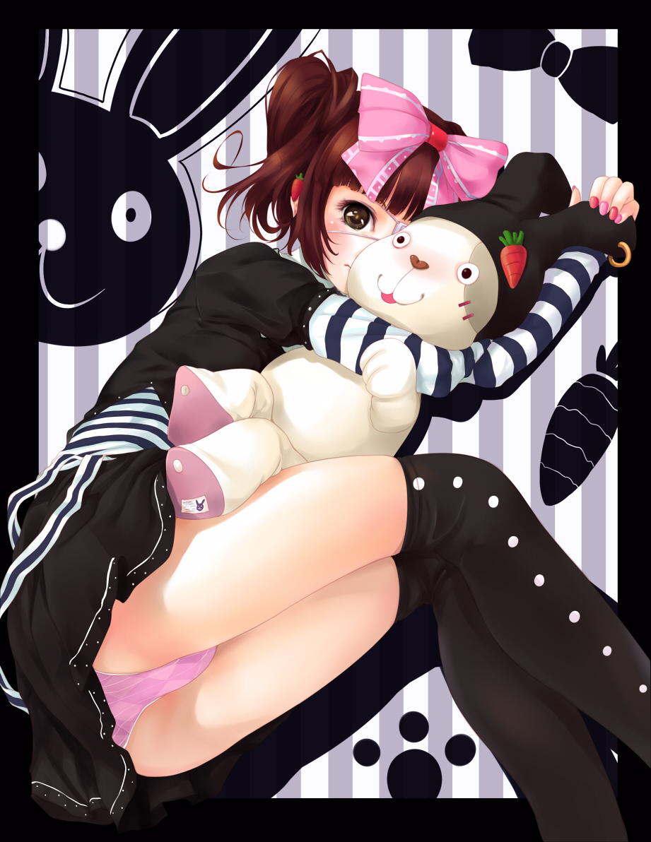 akamaru, original, animal print, black thighhighs, doll, eyepatch, food-themed hair ornament, goth fashion, hair ornament, panties, pantyshot, pink panties, rabbit, rabbit print, solo, stuffed animal, stuffed rabbit, stuffed toy, thighhighs, underwear