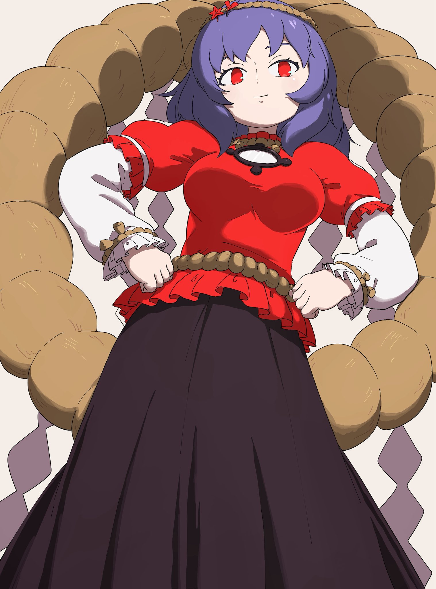 uzou (uzooooooooo), yasaka kanako, touhou, highres, 1girl, black skirt, closed mouth, from below, hair ornament, layered shirt, leaf hair ornament, long skirt, long sleeves, mirror, purple hair, red eyes, red shirt, rope, shimenawa, shirt, skirt, solo, white shirt