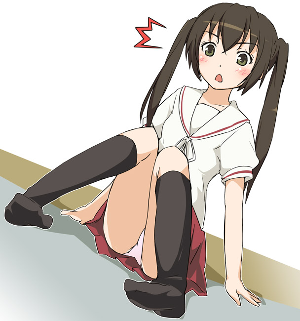 ixy, minami kana, minami-ke, 00s, 1girl, brown hair, female focus, green eyes, kneehighs, open mouth, panties, pantyshot, school uniform, serafuku, socks, solo, twintails, underwear