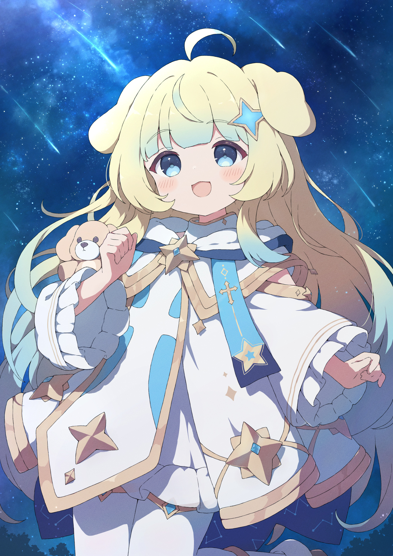 tyomimas, original, commentary, commission, highres, skeb commission, variant set, 1girl, ahoge, animal ears, blonde hair, blue eyes, hair ornament, long hair, night, sky, smile, solo, star (sky), starry sky