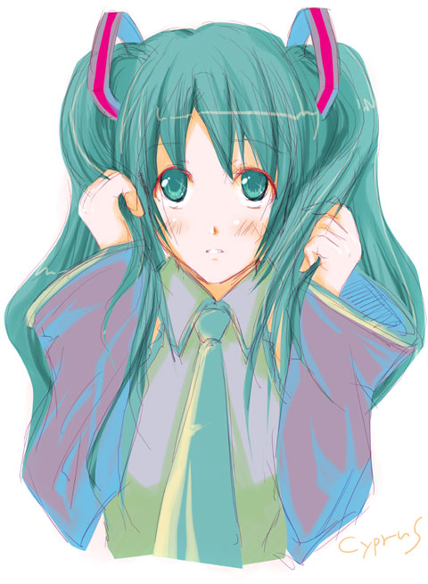 cyprus (circle), hatsune miku, vocaloid, 1girl, aqua eyes, aqua hair, aqua necktie, blush, detached sleeves, female focus, hand in own hair, long hair, necktie, shirt, signature, simple background, sleeveless, sleeveless shirt, solo, tareme, twintails, upper body