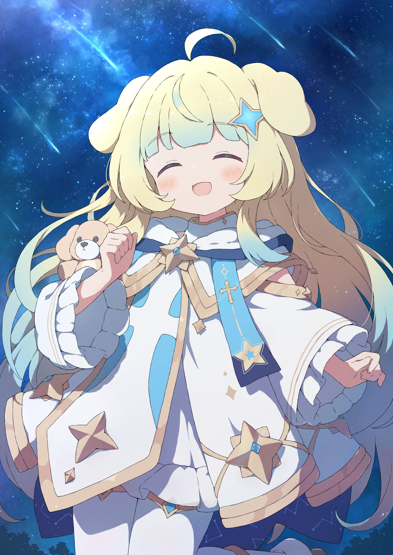 tyomimas, original, commentary, commission, highres, skeb commission, variant set, 1girl, ahoge, animal ears, blonde hair, closed eyes, hair ornament, long hair, night, open mouth, shooting star, sky, smile, solo, star (sky), starry sky