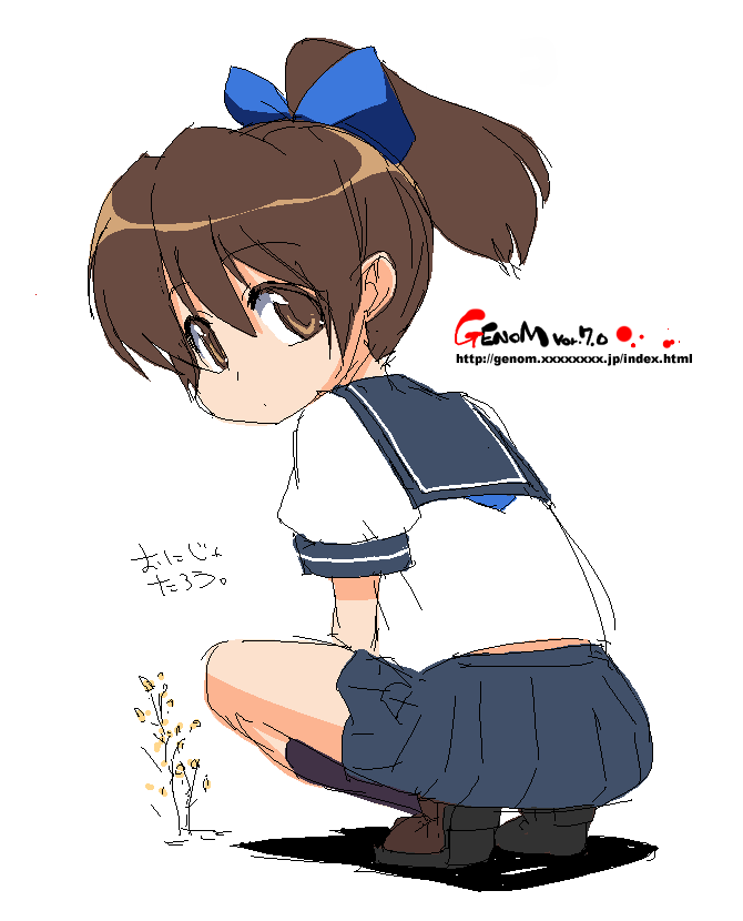 onija tarou, original, brown eyes, brown hair, oekaki, ponytail, school uniform, serafuku, solo, squatting
