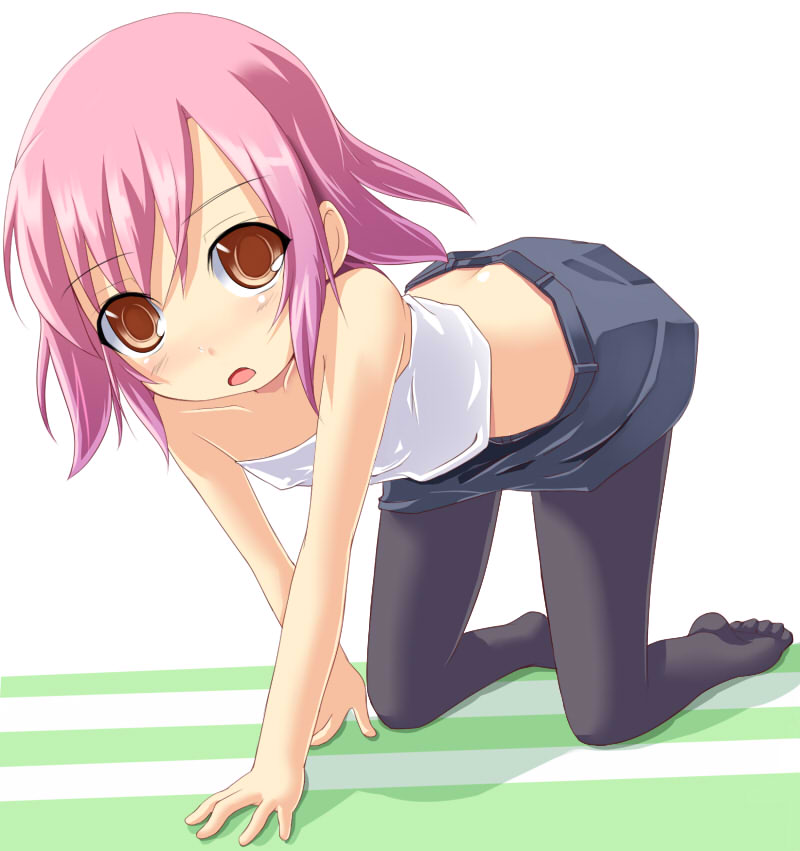 kuro (be ok), original, 1girl, all fours, black pantyhose, brown eyes, female focus, flat chest, looking at viewer, midriff, miniskirt, open mouth, pantyhose, pink hair, short hair, skirt, solo