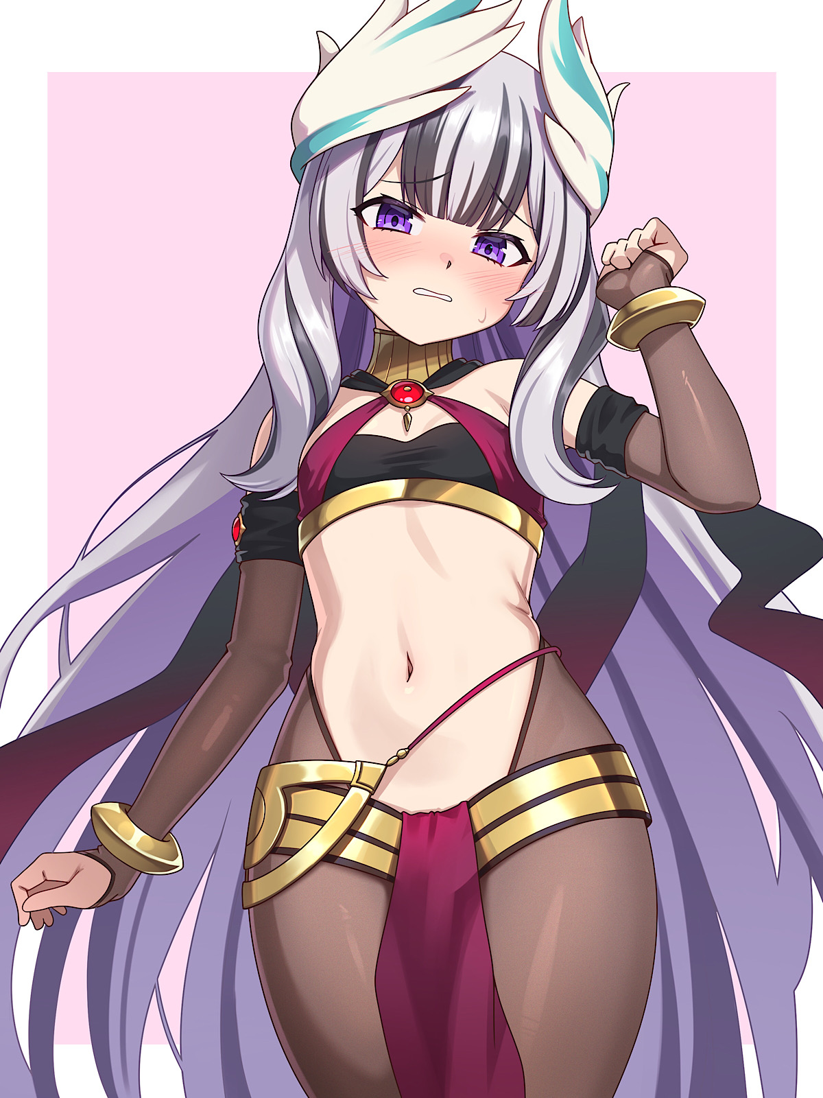 yotubeya, dorothea arnault, veyle (fire emblem), fire emblem, nintendo, commentary request, highres, partial commentary, 1girl, cosplay, feather hair ornament, feathers, grey hair, hair ornament, long hair, navel, purple eyes, solo