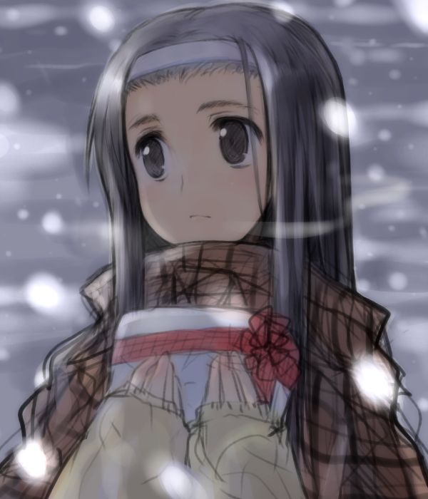 hara takehito, original, 1girl, black eyes, black hair, bow, coat, female focus, gift, hairband, holding, holding gift, long hair, package, sketch, snowing, solo