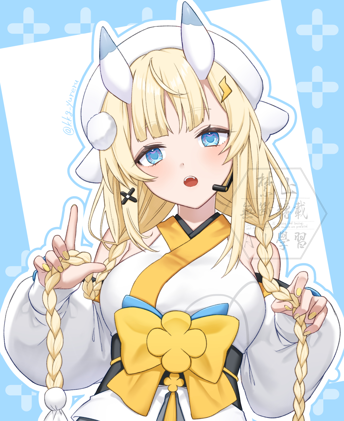 kokage (hatomugi7422), kadou mikaru, nijisanji, highres, 1girl, :o, bare shoulders, blonde hair, blue background, blue bow, blue eyes, blue horns, blush, bow, braid, breasts, detached sleeves, fangs, from below, hair ornament, hair over shoulder, hat, headset, holding, holding own hair, horns, japanese clothes, kimono, large breasts, lightning bolt, lightning bolt hair ornament, lightning bolt symbol, long sleeves, low twin braids, multicolored horns, nail polish, obi, obi bow, obijime, outline, pom pom (clothes), pom pom hair ornament, puffy long sleeves, puffy sleeves, sash, sidelocks, solo, teruterubouzu, twin braids, twitter username, two-tone horns, upper body, virtual youtuber, watermark, white background, white hat, white horns, white kimono, white outline, x hair ornament, yellow bow, yellow nails