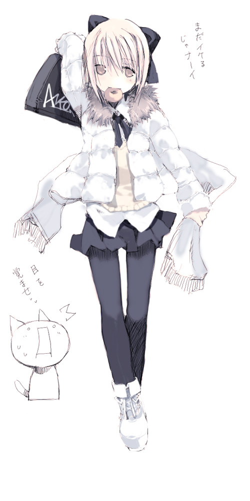 ganges gawa, ganges river, giko, kimuraya anko, ukagaka, 1girl, blonde hair, bow, cat, female focus, full body, hair ribbon, mouth hold, pantyhose, ribbon, scarf, short hair, solo, standing